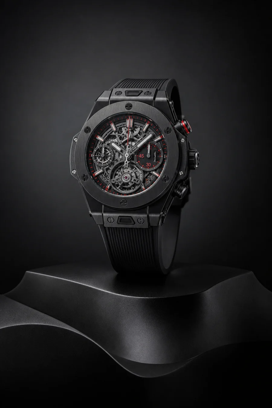 Reloj estilo Hublot negro con esfera esqueletizada